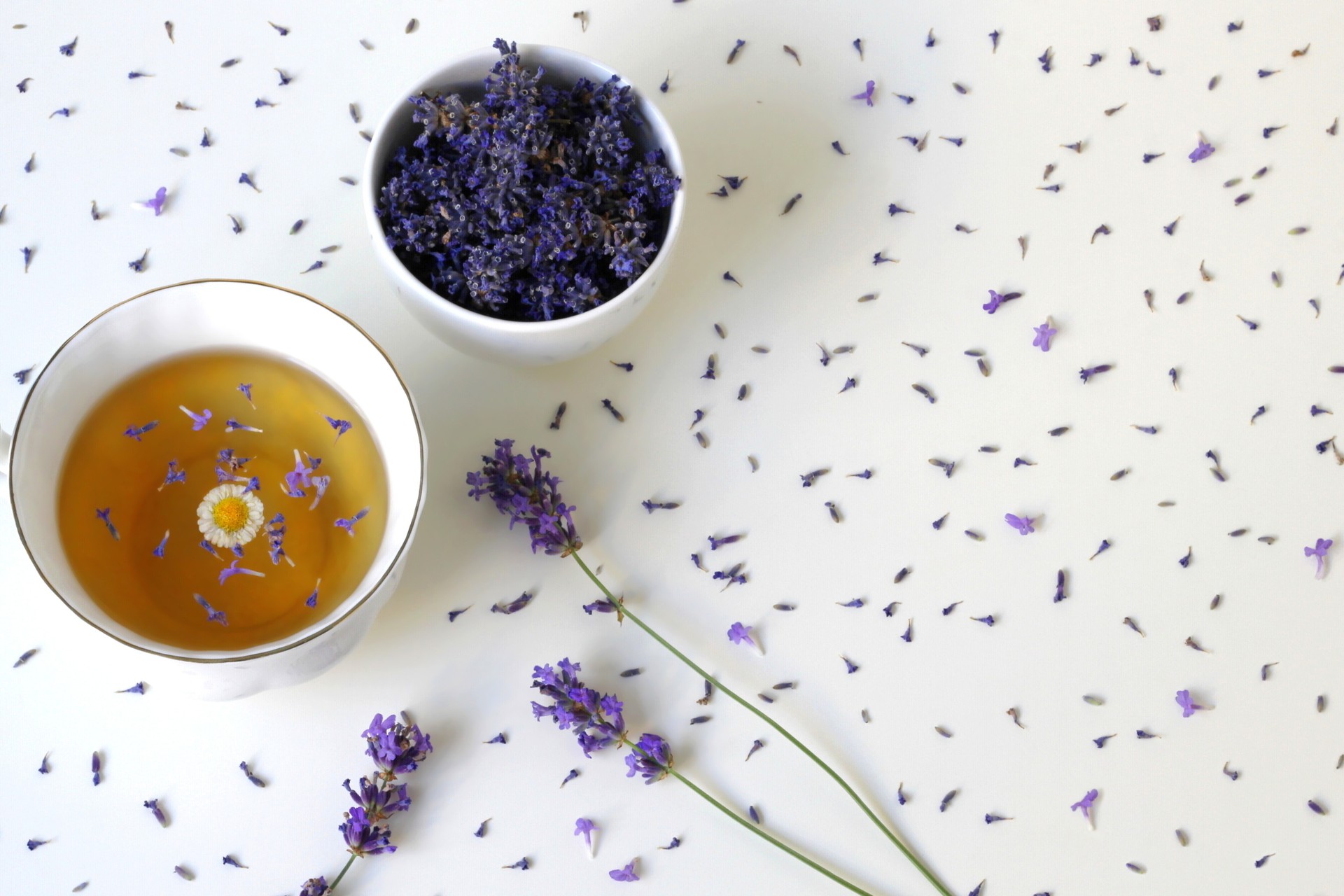 Top view of cup herbal tea drink with lavender flowers.